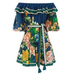 ALEMAIS Lyla Navy Floral Frill Neck Linen Mini Dress Size 4